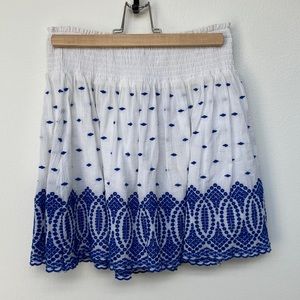 J.Crew white cotton high waisted skirt with blue stitch embroidery - size S